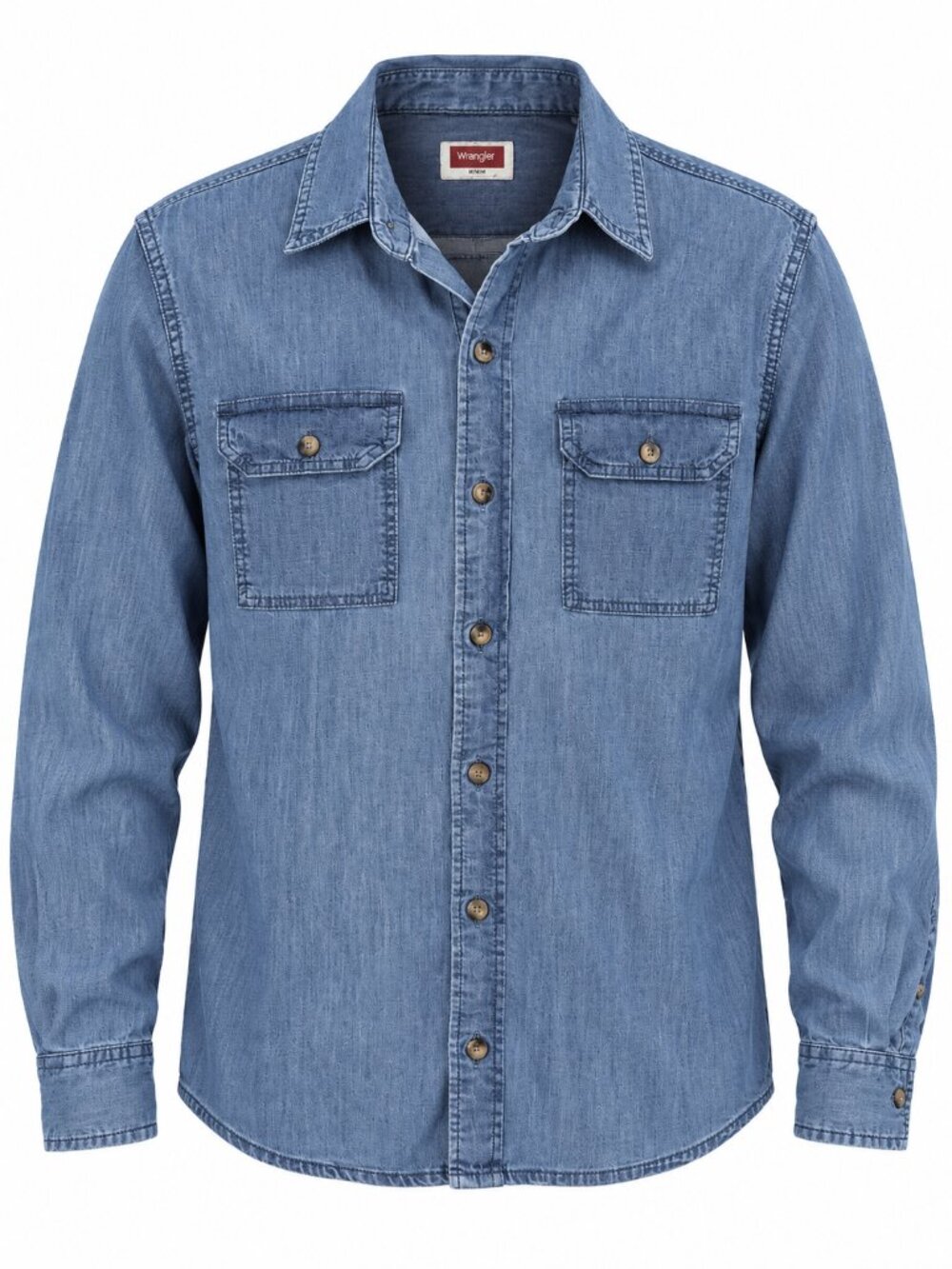 Wrangler Men's Denim Shirt Blue Western Workwear Button Front 2 Pocket Stretch L